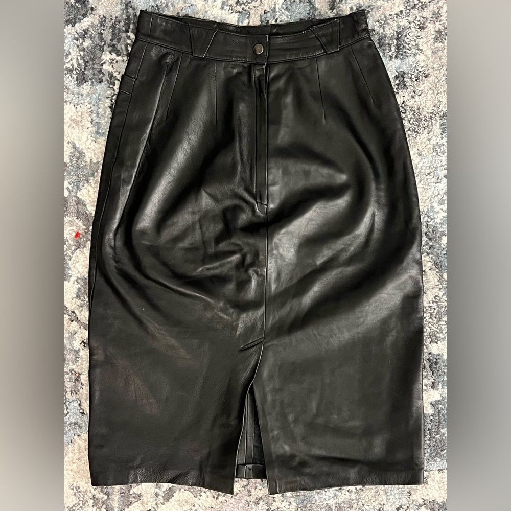 Vintage 80s Colette Nivelle Black Leather Midi Skirt
